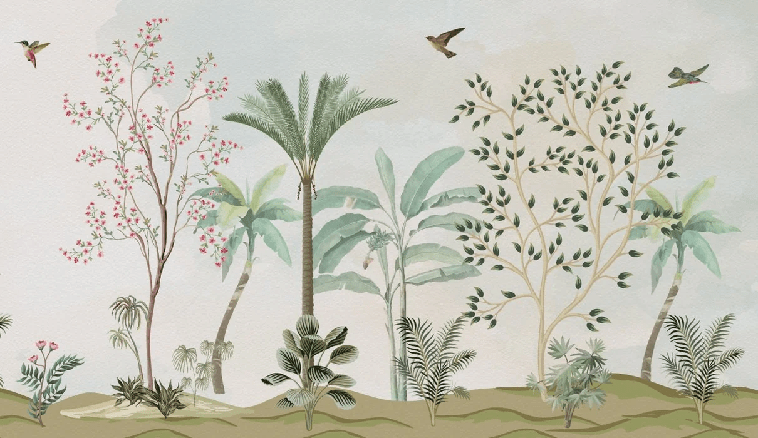 Papier Peint Chinoiserie Jungle - H247cm x L427cm - Matière Softouch, XXL, tendance