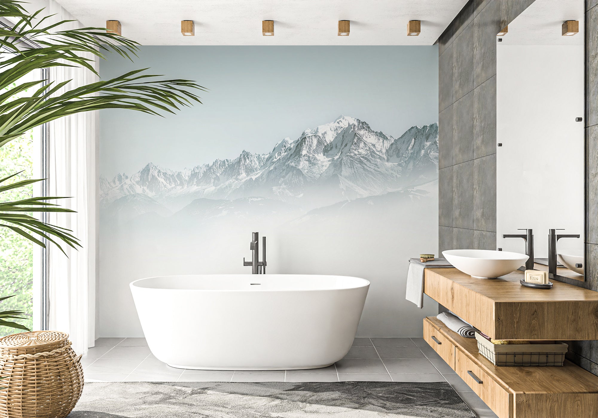 Papier peint salle de bain Mont Blanc dans la brume bleu, XXL, tendance