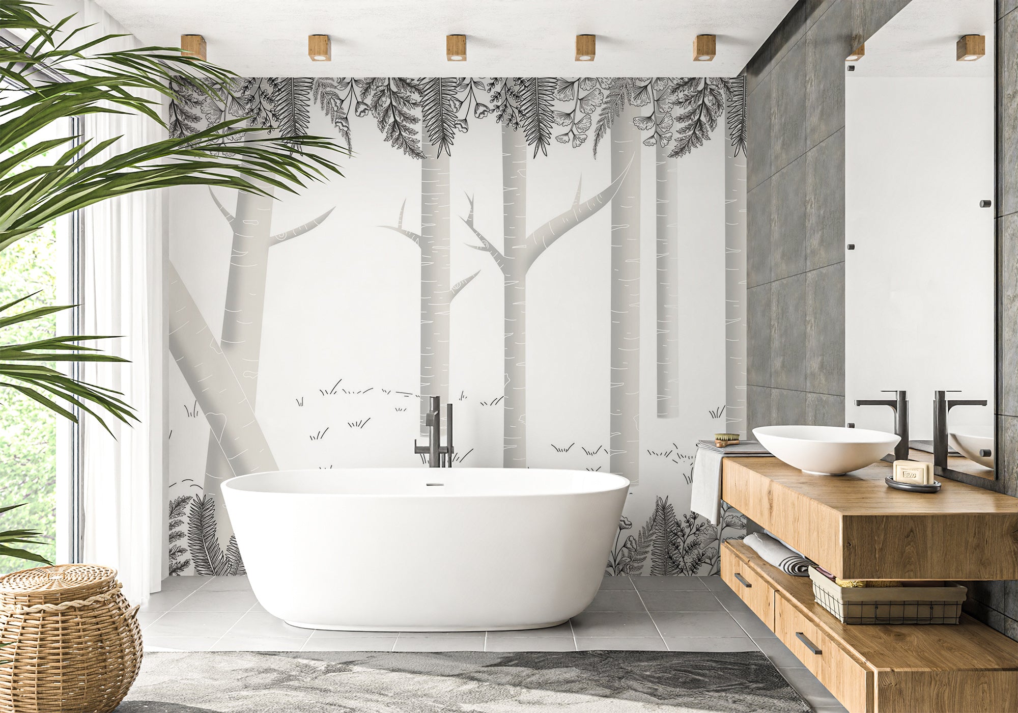 Papier peint salle de bain forêt bouleau gris, XXL, tendance
