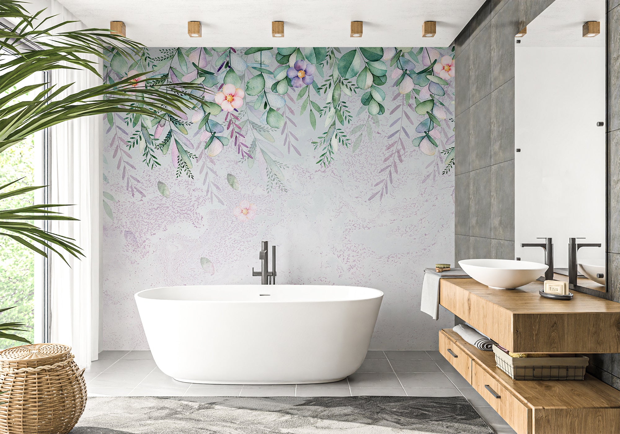 Papier peint salle de bain végétal romantique, XXL, tendance