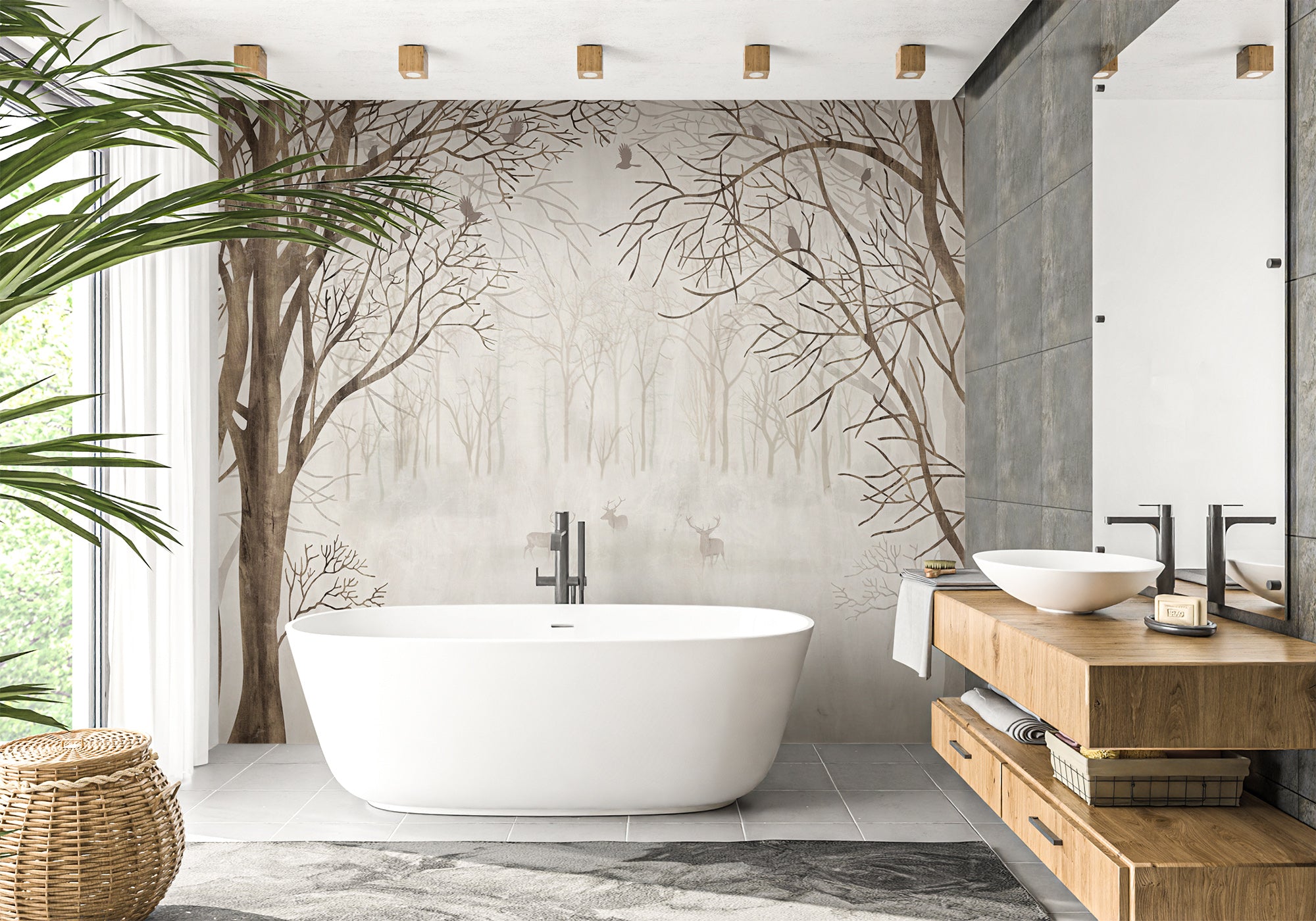 Papier peint salle de bain sur mesure forêt bienvenue dans le bois, XXL, tendance
