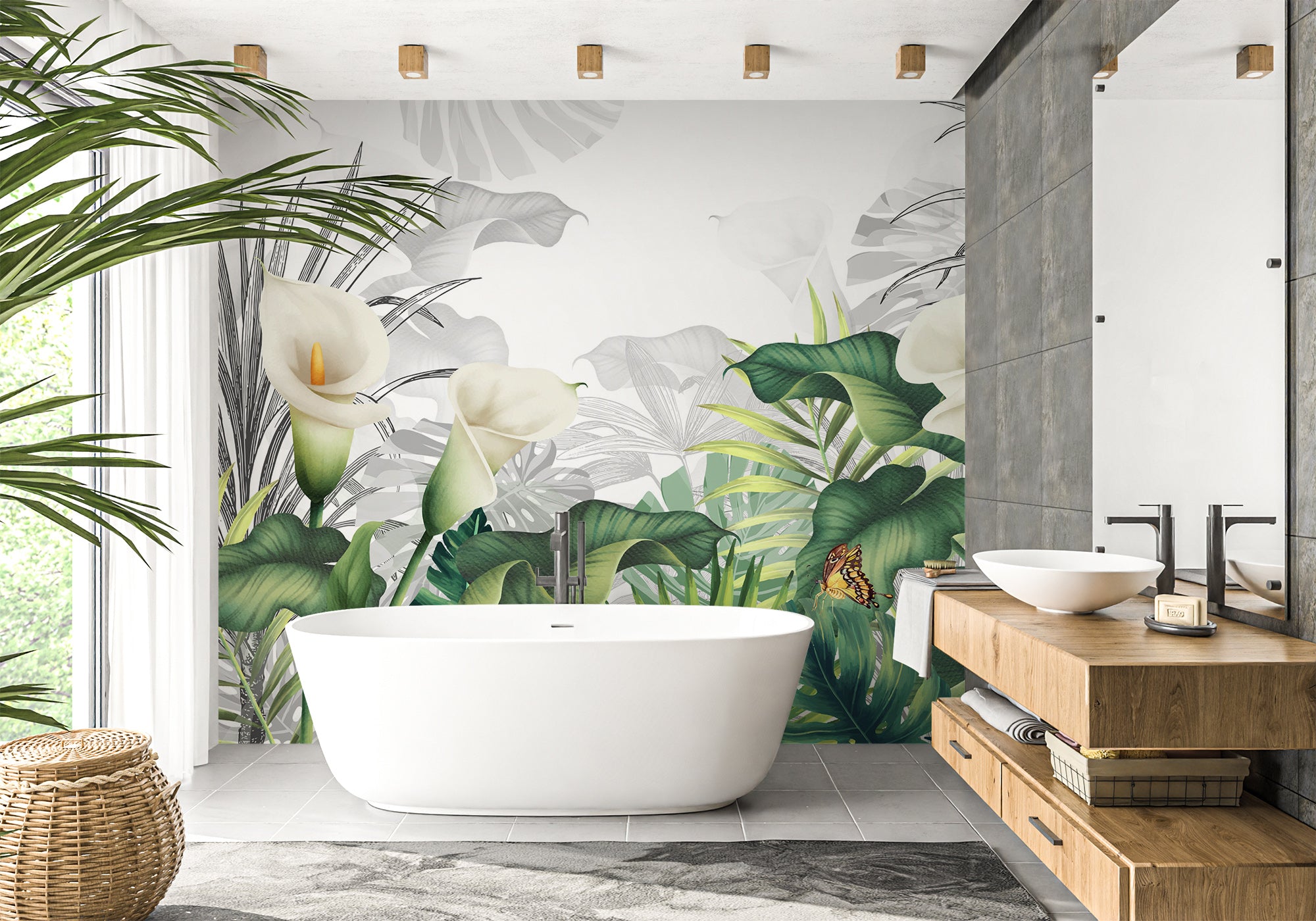 Papier peint salle de bain nature lys blanche, XXL, tendance