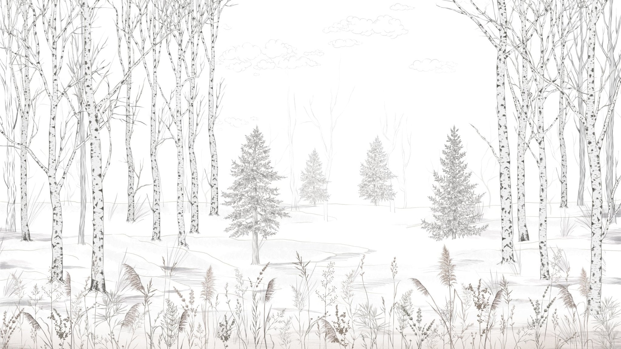 Papier peint forêt noir et blanc – Douceur des Bois, XXL, tendance