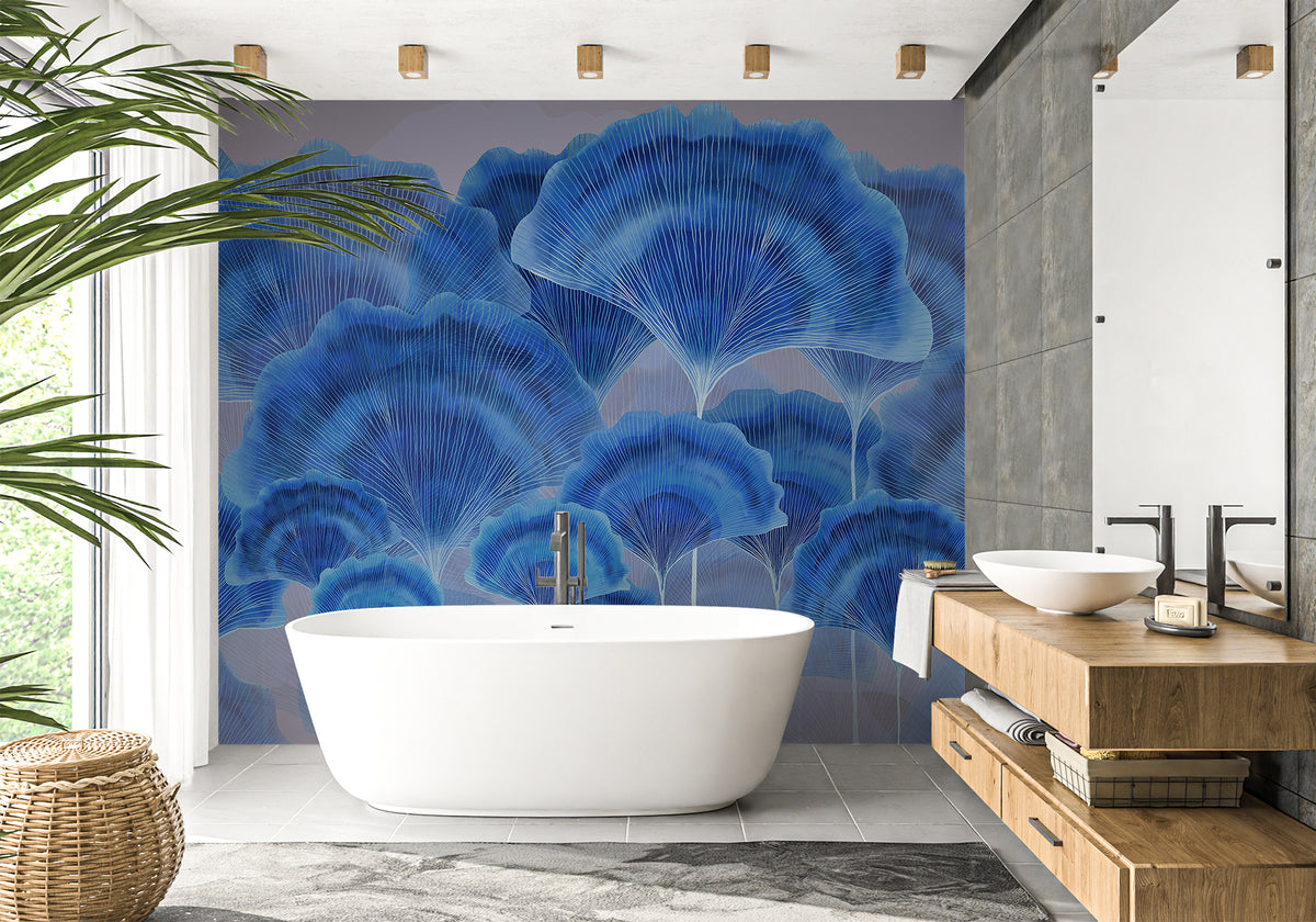 Zeitgenössisches Badezimmer Tapete Ginkgo Zen Blau