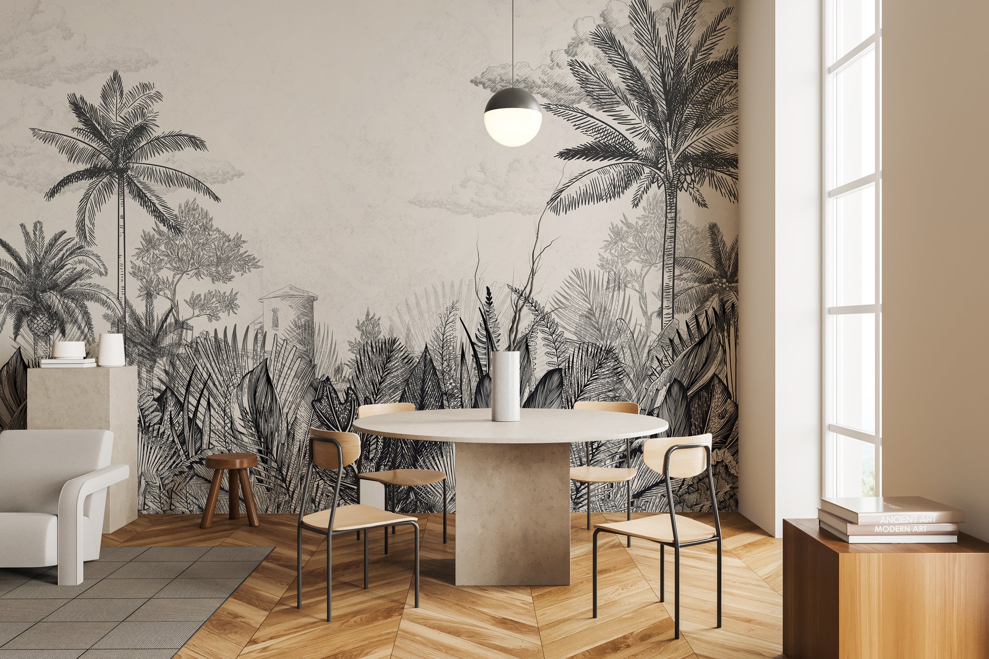 Papier peint héritage tropical noir et blanc, XXL, tendance