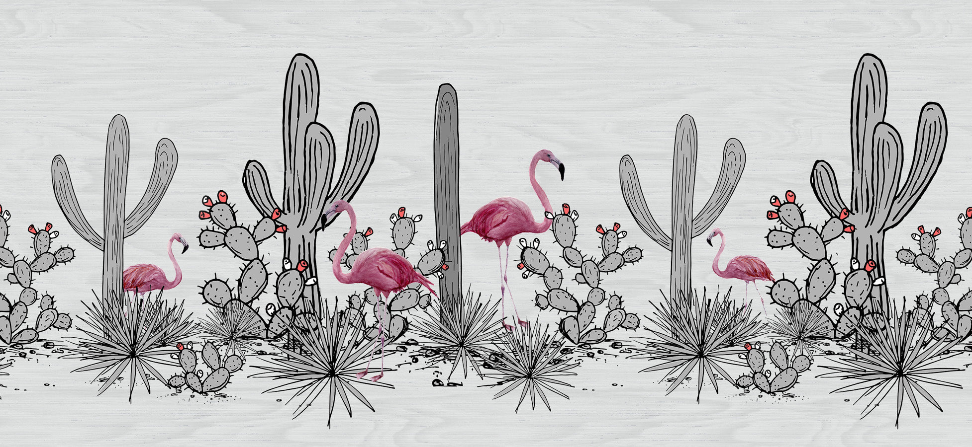 Papier peint panoramique salle de bain cactus & flamant rose, mural concept, tendance