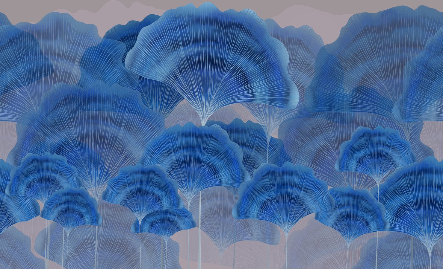 Papier peint salle de bain contemporain ginkgo zen bleu, mural concept, tendance