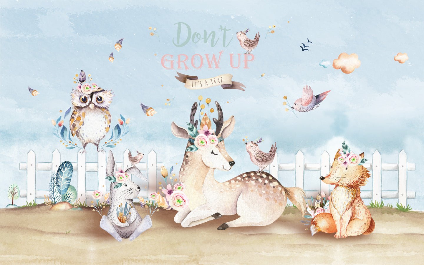 Papier peint chambre enfant biche et ses amis, mural concept, tendance