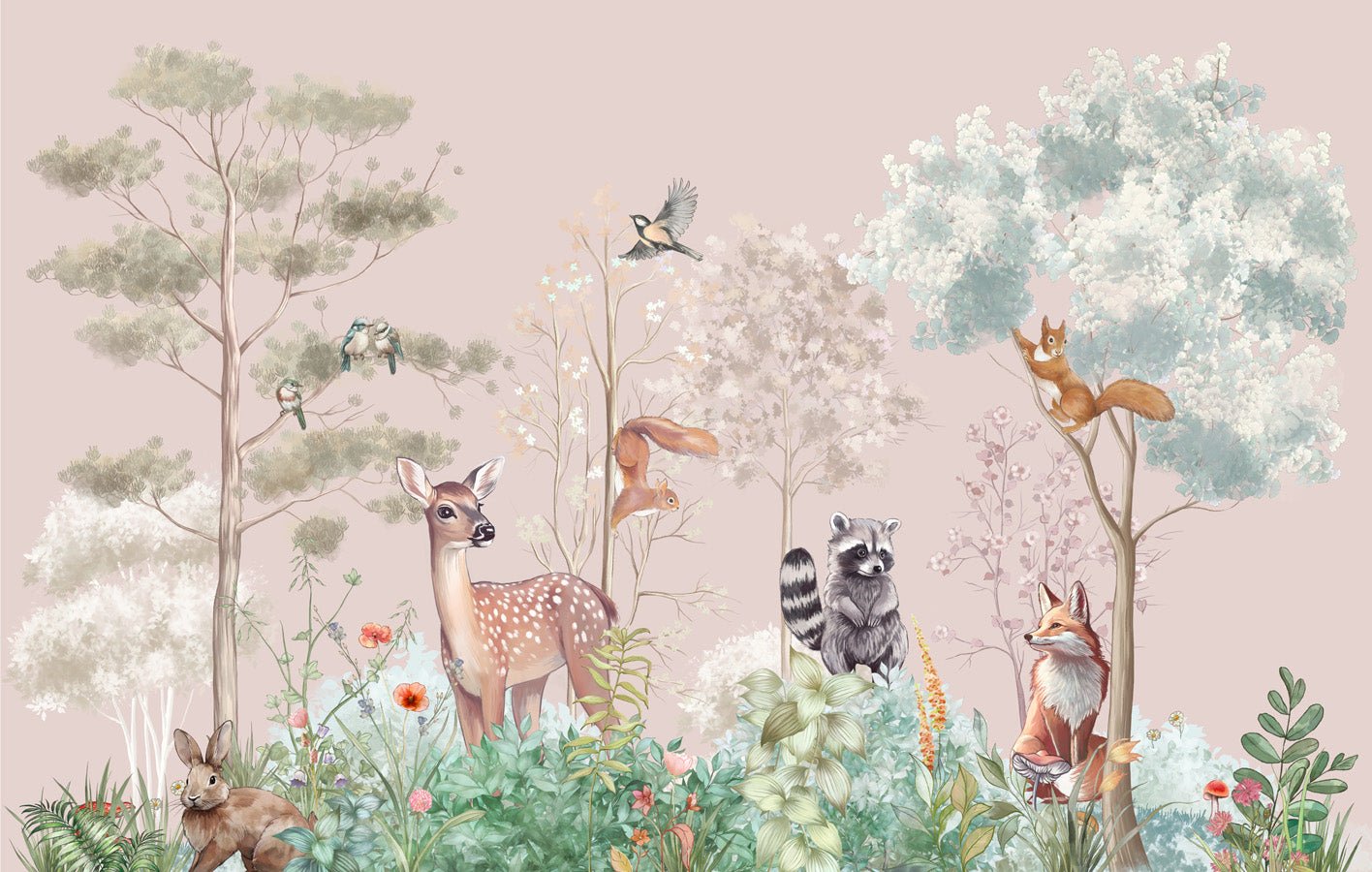 Papier peint chambre enfant nature magique rose, mural concept, tendance