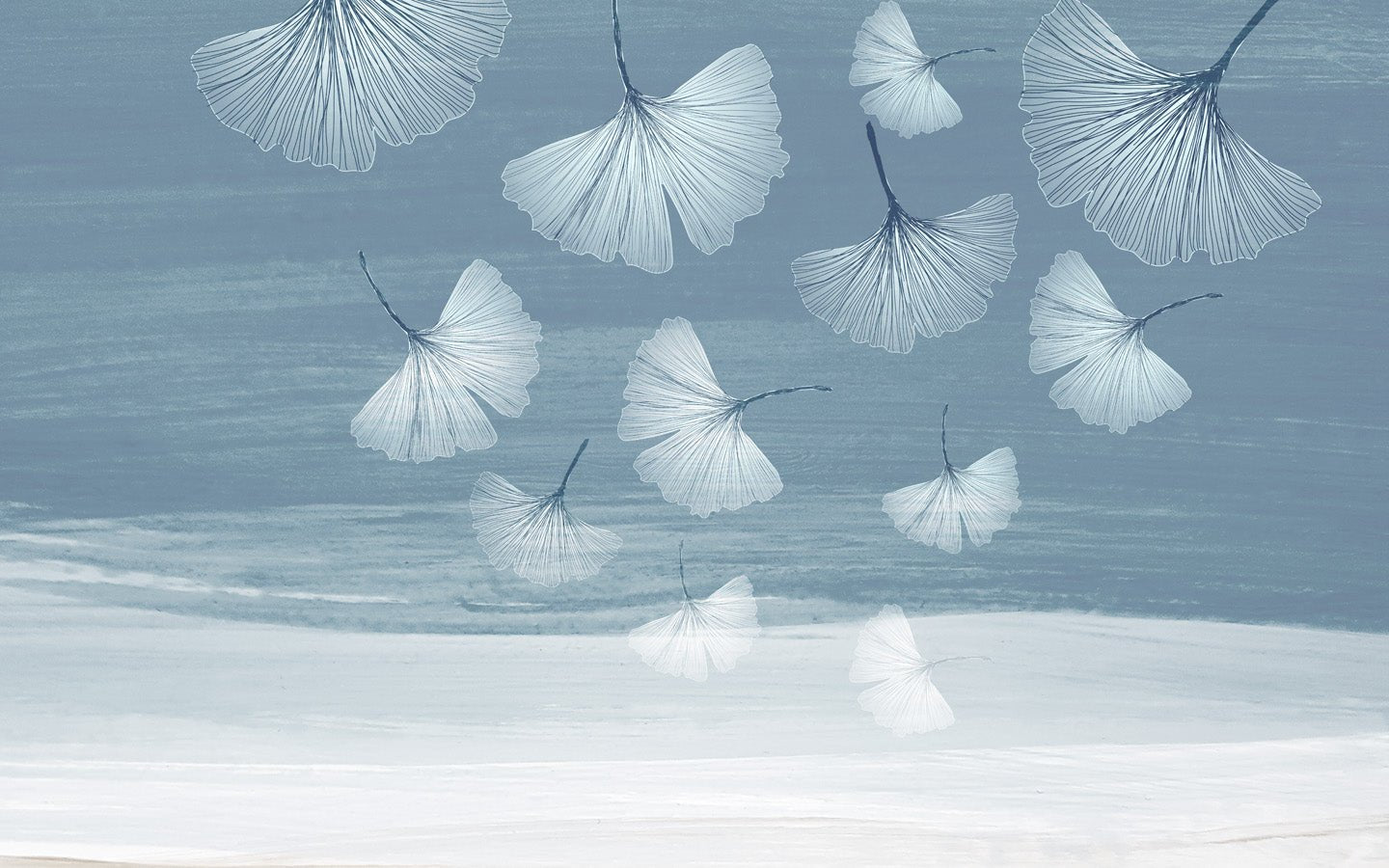 Papier peint salle de bain japandi blue gingko, mural concept, tendance