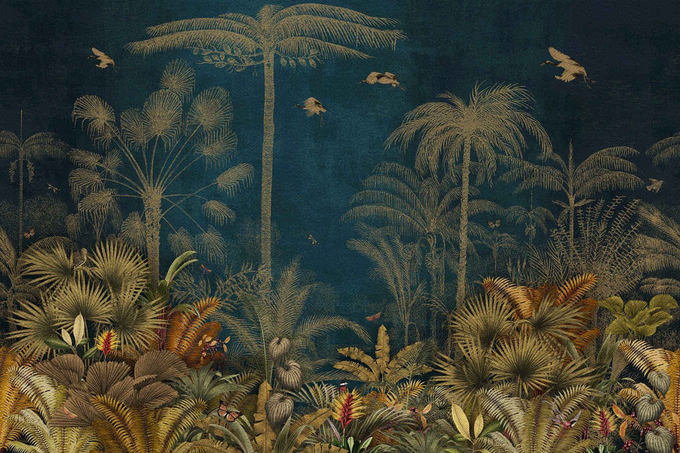 Papier peint jungle gravure bleu, mural concept, tendance