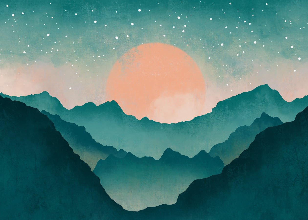 Papier peint salle de bain montagne brume turquoise, mural concept, tendance