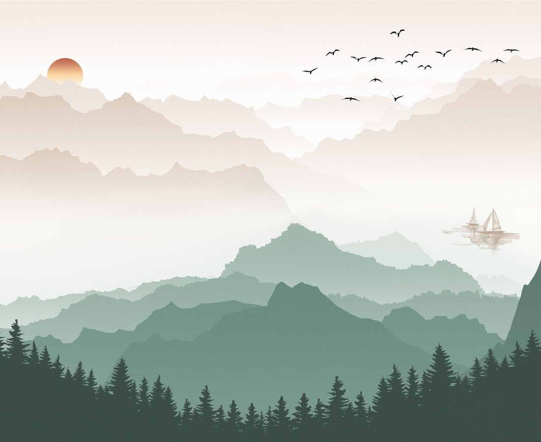 Papier peint montagne dans brume terracotta, mural concept, tendance