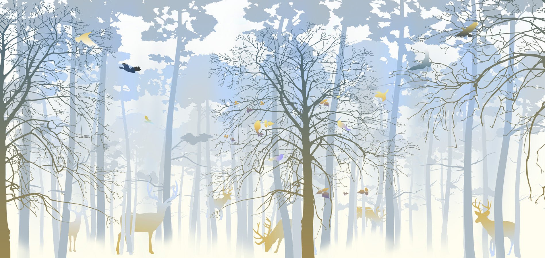 Papier peint nature forêt bleu & fraîcheur de l'aube, mural concept, tendance