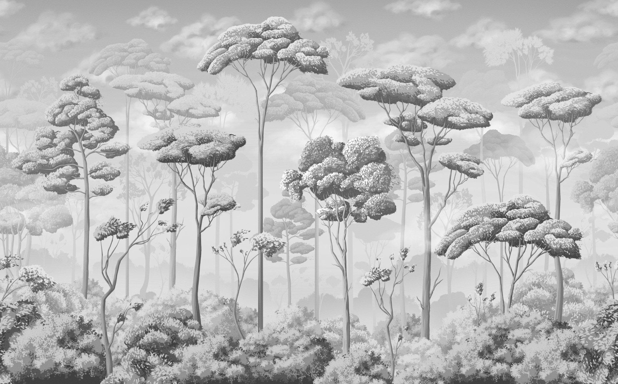 Papier peint panoramique pinèdes noir et blanc, XXL, tendance