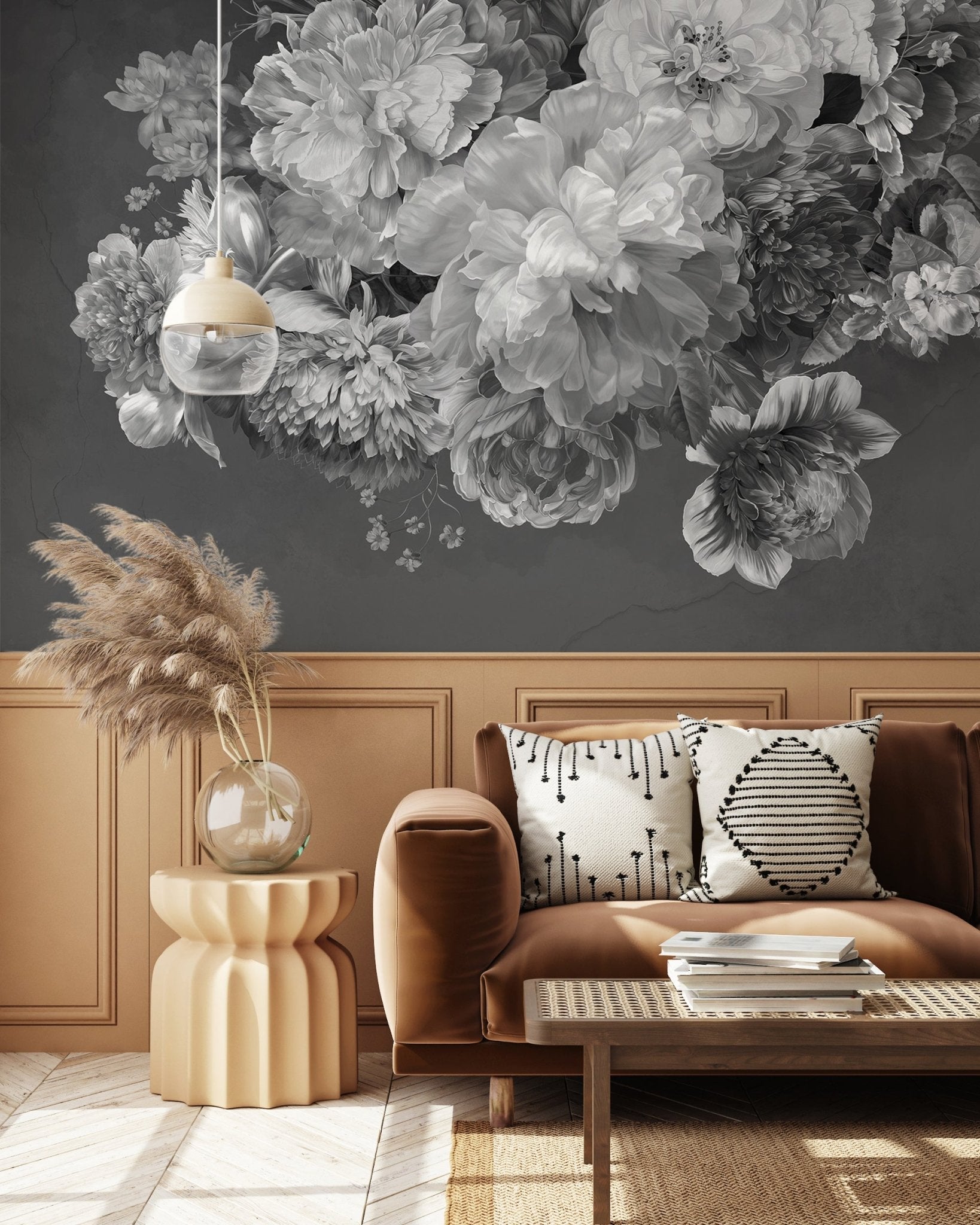 Papier peint fleur pivoine noir et blanc, XXL, tendance