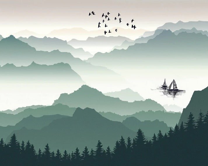 Tapete Berge und Segel auf dem See