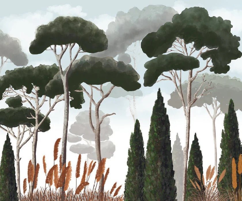 Papier peint sur mesure cyprès pins et herbes de la pampa, XXL, tendance