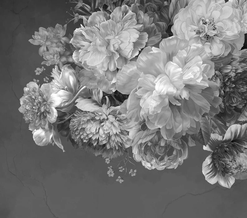 Tapete Pfingstrosenblüte schwarz und weiß