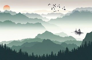 Tapete Berge und Segel auf dem See