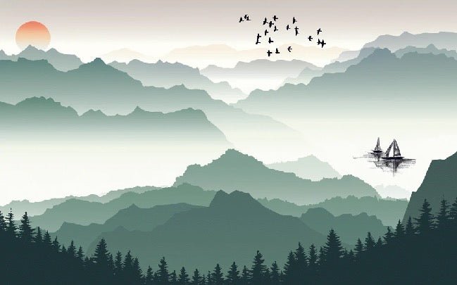Tapete Berge und Segel auf dem See