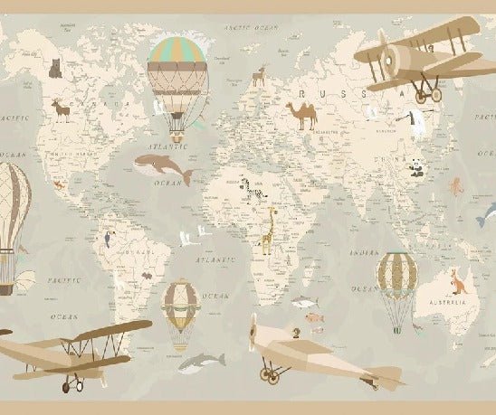 Kindertapete Weltkarte Flieger