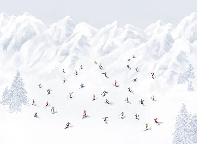 Papier peint montagne skieurs colorés, XXL, tendance
