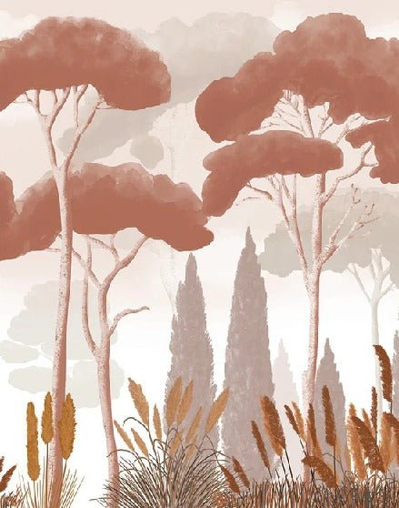Papier peint cyprès pins et herbes de la pampa terracotta, XXL, tendance