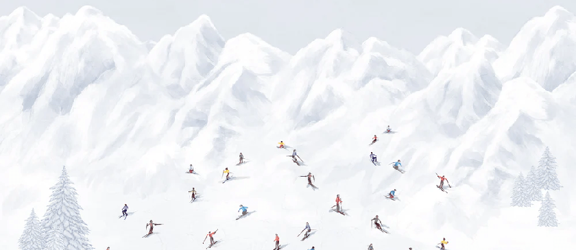 Papier peint montagne skieurs colorés - Muralconcept