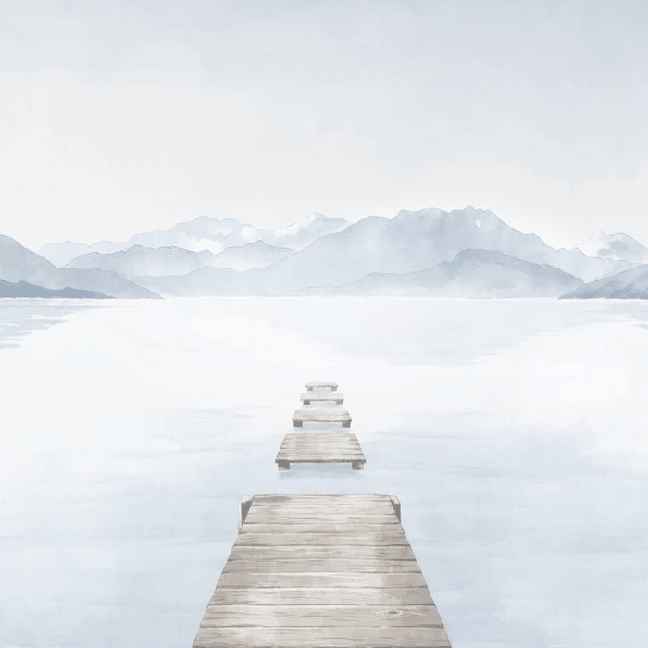 Papier peint lac et montagne panoramique – Ponton Annecy aquarelle bleu - Muralconcept
