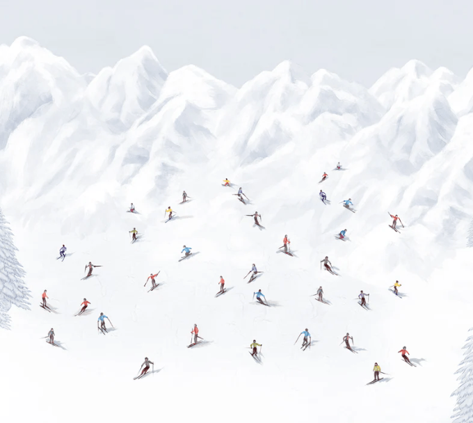 Papier peint montagne skieurs colorés, XXL, tendance
