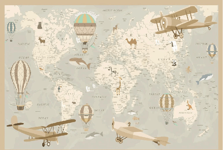 Papier peint enfant carte du monde aviateur - Muralconcept