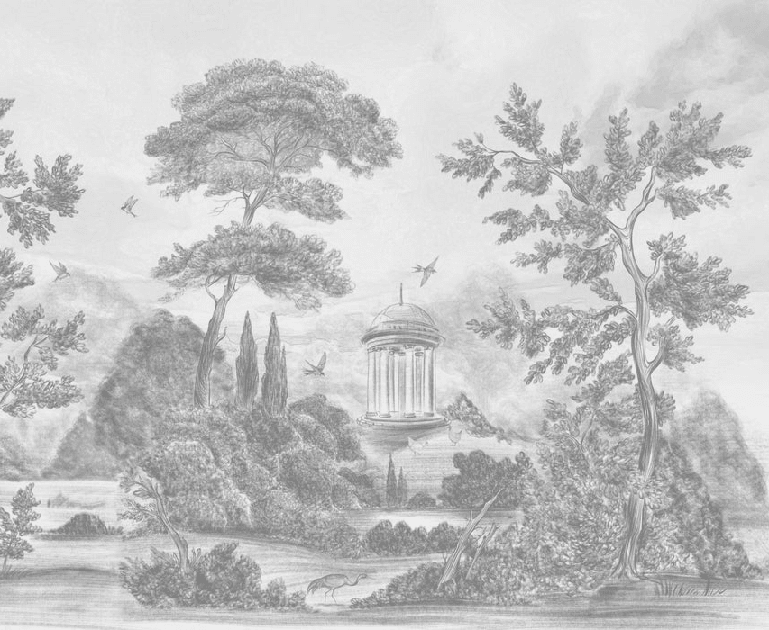 Panorama-Tapete „Villa Borghese Rom“ – Schwarz-Weiß-Radierung mit italienischen Kiefern – Muralconcept