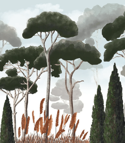 Papier peint sur mesure cyprès pins et herbes de la pampa - Muralconcept