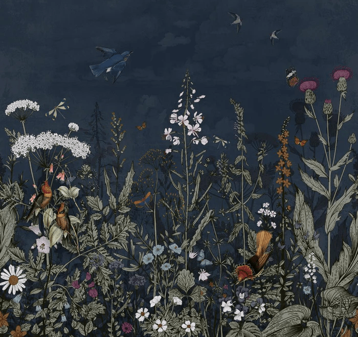 Papier peint panoramique bleu nuit floral - Muralconcept