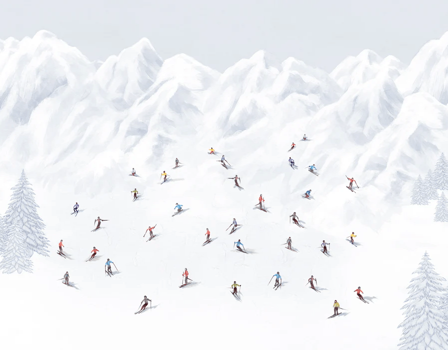 Papier peint montagne skieurs colorés, XXL, tendance