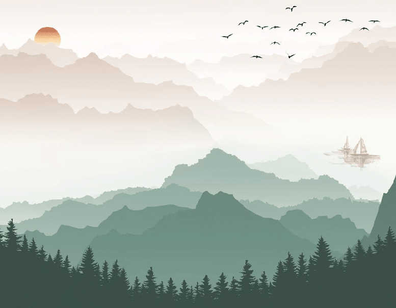 Papier peint montagne dans brume terracotta - Muralconcept
