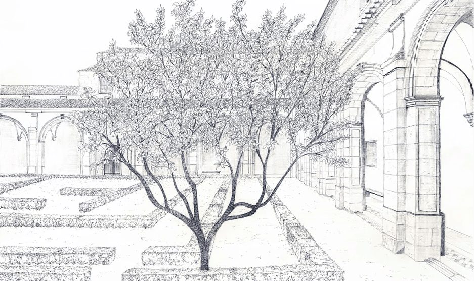 Papier peint panoramique sous les arcades – Jardin en gravure - Muralconcept