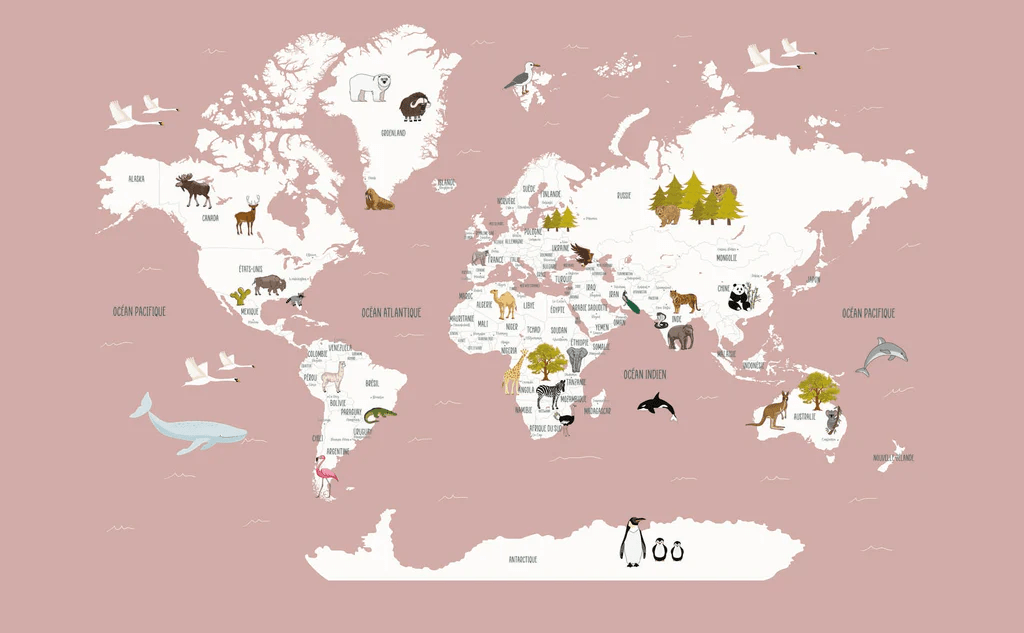 Tapete Weltkarte auf Französisch für Kinder in Altrosa