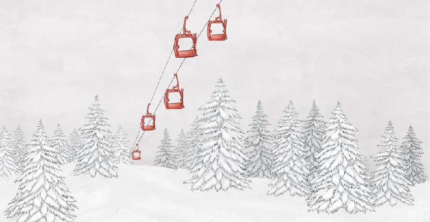 Papier peint montagne télécabine rouge - Muralconcept