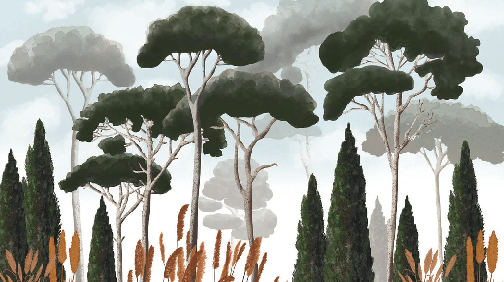 Papier peint sur mesure cyprès pins et herbes de la pampa - Muralconcept