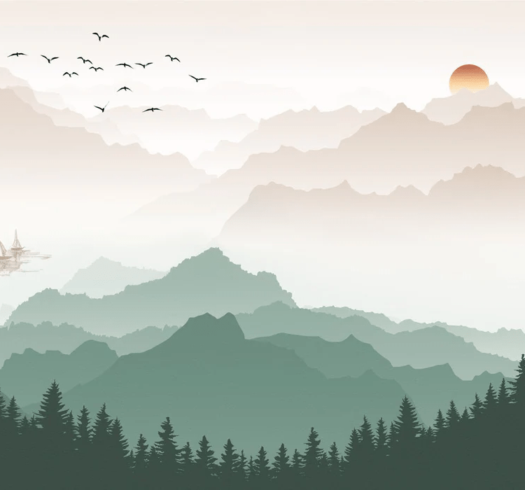 Papier peint montagne dans brume terracotta, XXL, tendance