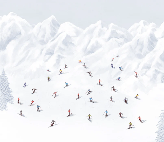Papier peint montagne skieurs colorés - Muralconcept
