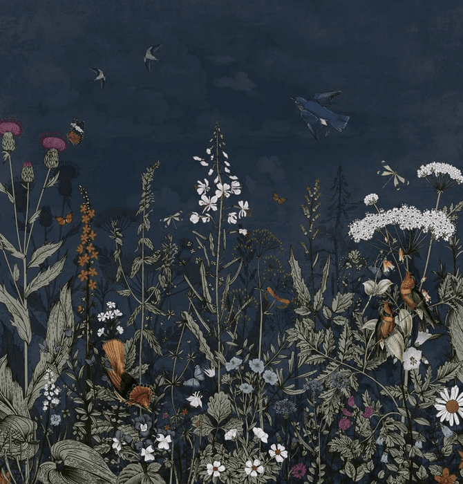 Papier peint panoramique bleu nuit floral - Muralconcept