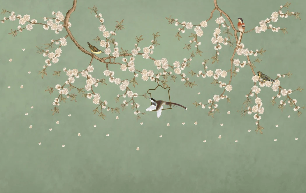 Papier peint sakura zen vert - Muralconcept