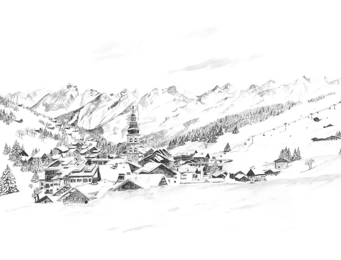 Papier peint panoramique La Clusaz en peinture - Noir et blanc - Muralconcept