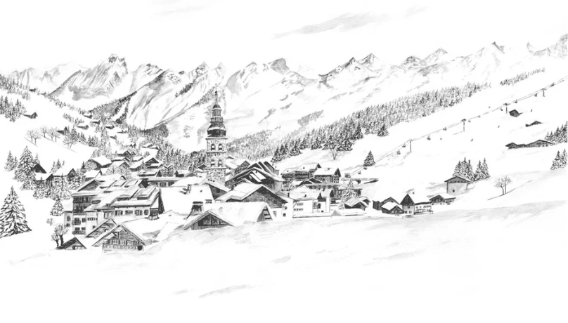 Papier peint panoramique La Clusaz en peinture - Noir et blanc - Muralconcept