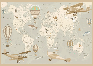 Papier peint enfant carte du monde aviateur, XXL, tendance