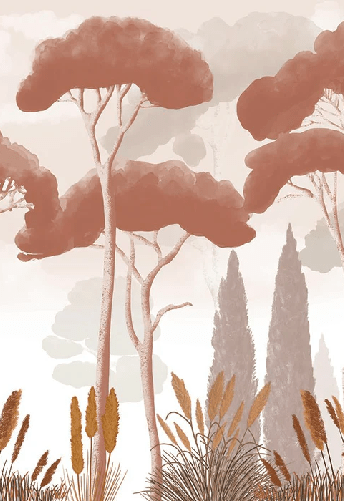 Papier peint cyprès pins et herbes de la pampa terracotta - Muralconcept