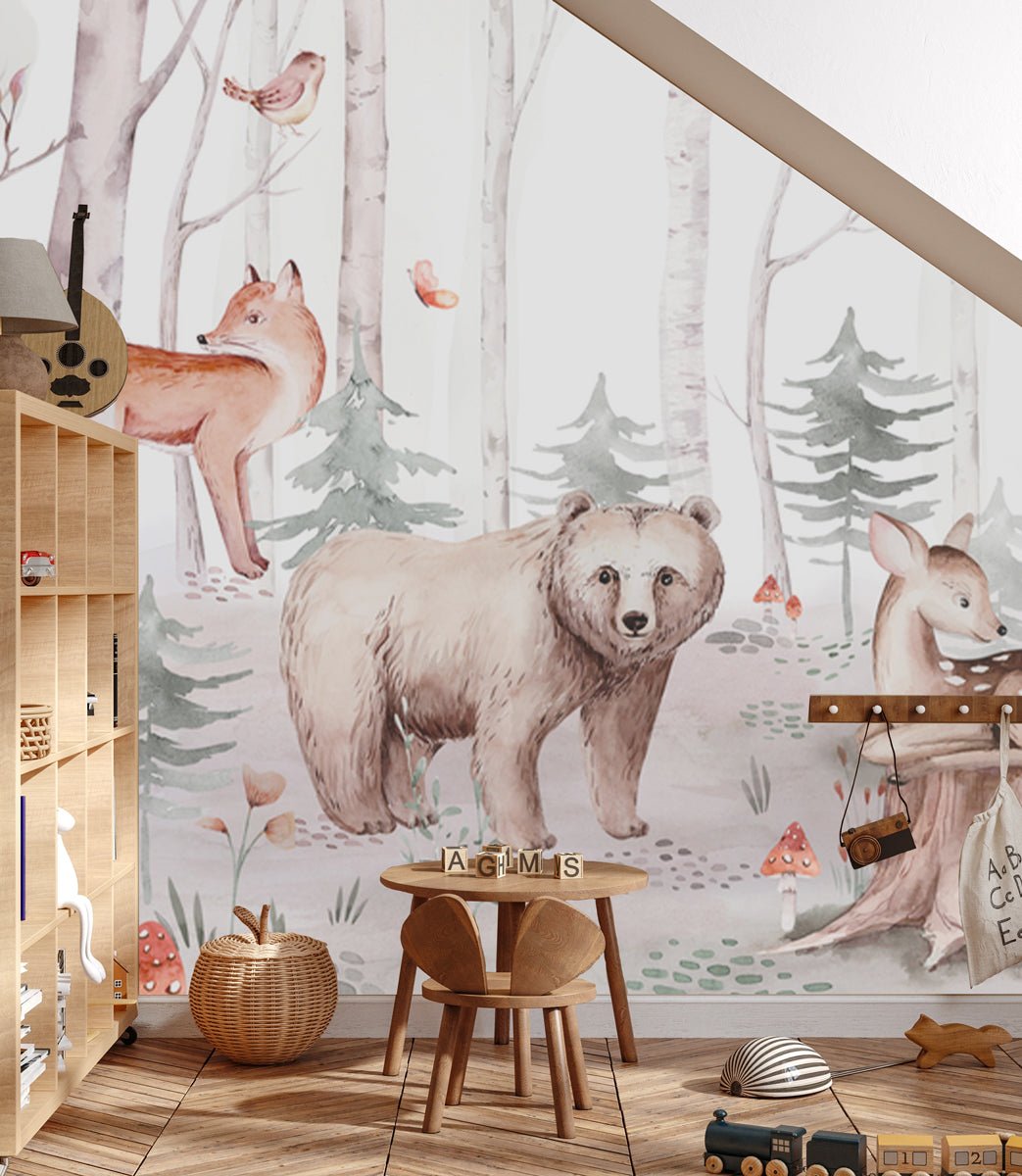 Papier peint aquarelle enfant animaux forêt, XXL, tendance